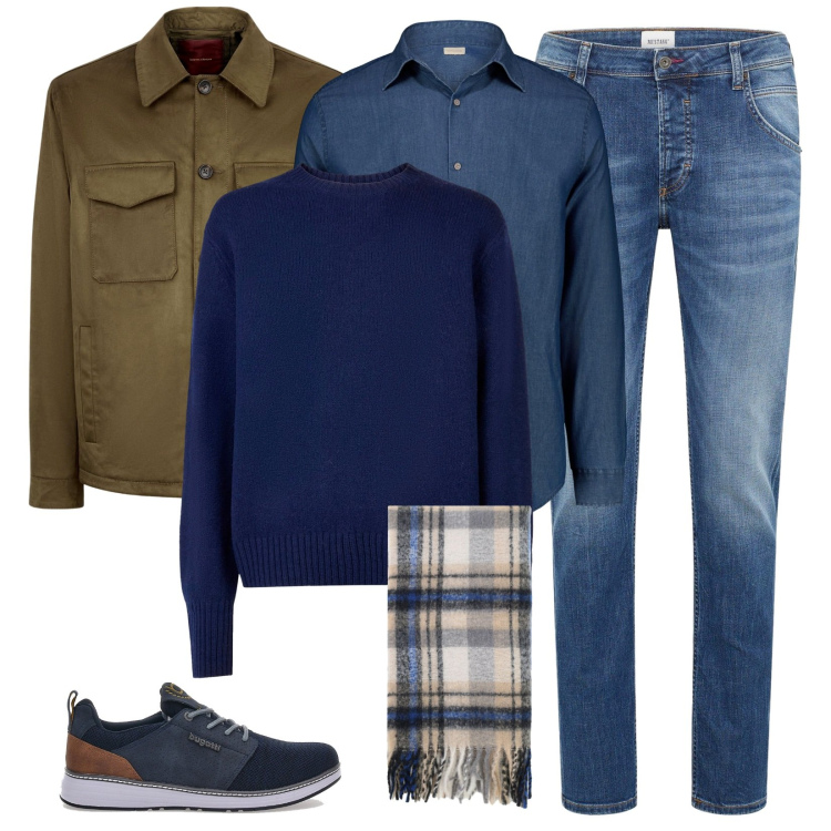 Outfit uomo - Resto in città. Stile Casual per Tutti i giorni. Abbinamento con jeans dritti, sciarpe, giacche, sneakers, camicie, maglieria.