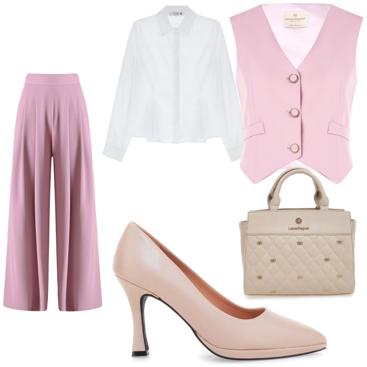 Outfit donna - Camicia e gilet. Stile Chic per Ufficio. Abbinamento con camicie, pantaloni a palazzo, gilet, borse a mano, décolleté.