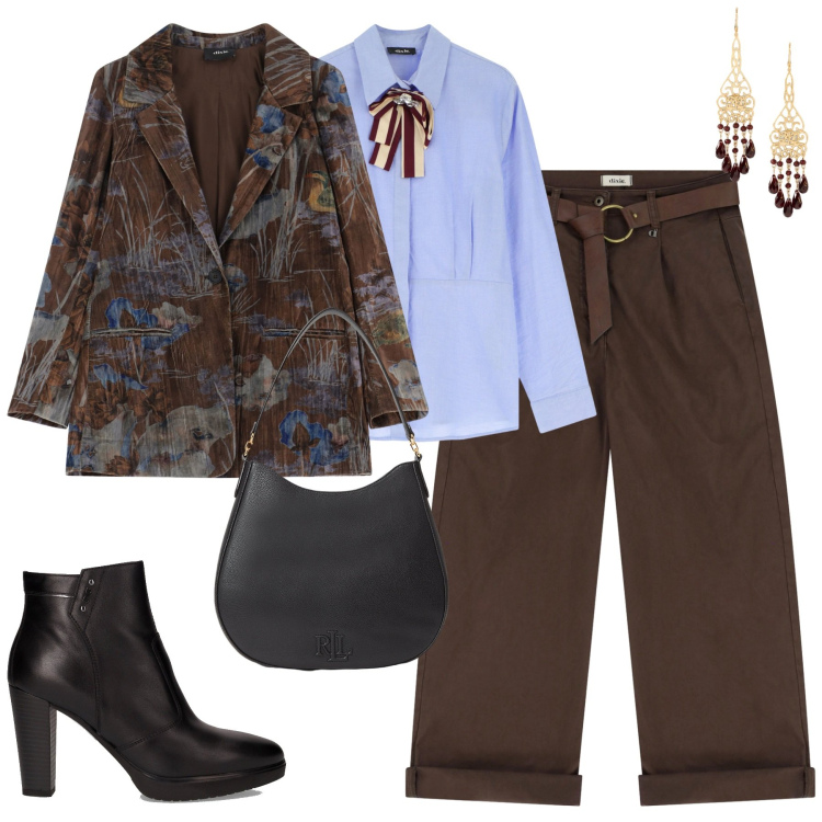 Outfit donna - Ottobre. Stile Trendy per Tutti i giorni. Abbinamento con blazer, pantaloni, camicie, orecchini, borse a spalla, stivaletti.