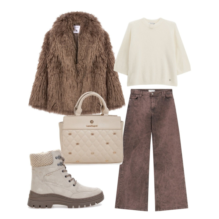 Outfit donna - Freddo!. Stile Casual per Tutti i giorni. Abbinamento con ecopellicce, pullovers, pantaloni a palazzo, borse a mano, stivaletti.