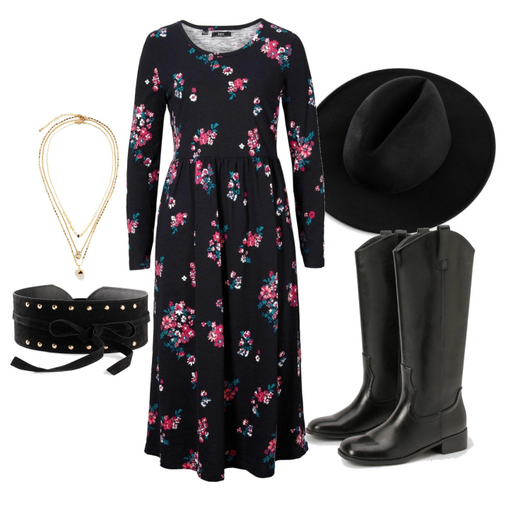 Outfit femme - Octobre. Style Glamour pour Tous les jours. Assortir avec robes longues, ceintures, colliers, chapeaux, bottines.