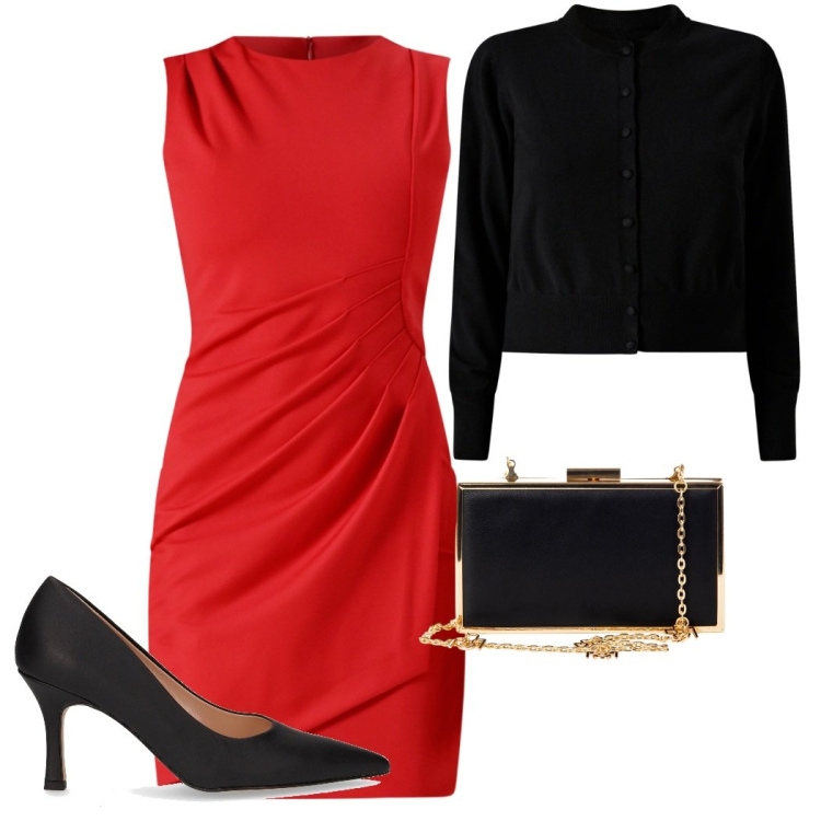 Outfit donna - Autunno in rosso. Stile Chic per Serata fuori. Abbinamento con vestiti a tubino, cardigans, pochette, décolleté.