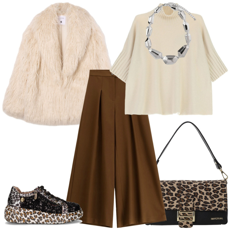 Outfit donna - Vacanza autunnale. Stile Casual chic per Tutti i giorni. Abbinamento con ecopellicce, pantaloni a palazzo, maglieria, borse a spalla, sneakers, ciondoli.