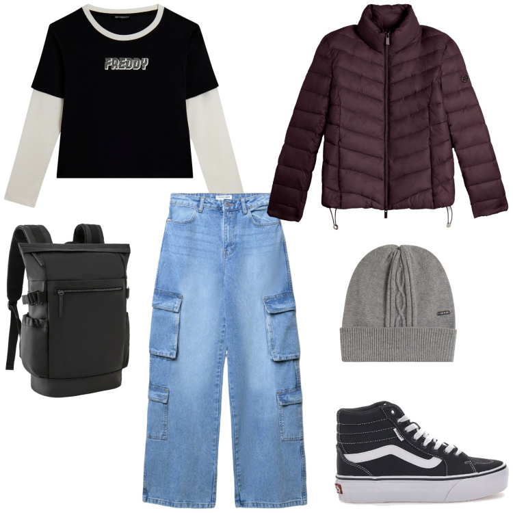 Outfit donna - Sportiva in cuttà. Stile Urban per Scuola/Università. Abbinamento con zaini, jeans, berretti, t-shirt, piumini, sneakers.