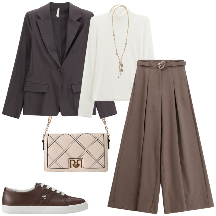 Outfit donna - Weekend. Stile Casual per Tutti i giorni. Abbinamento con borse a tracolla, pantaloni, maglieria, blazer, sneakers, ciondoli.