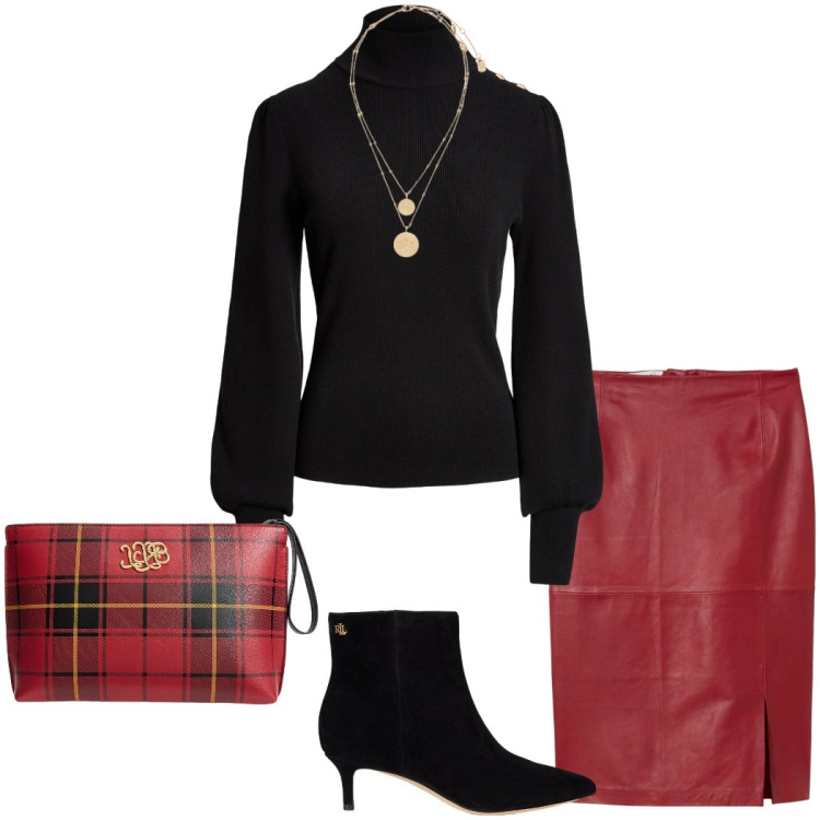 Outfit donna - Autunno in rosso. Stile Casual chic per Serata fuori. Abbinamento con gonne, ciondoli, stivaletti, pochette, maglieria.