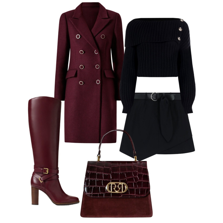 Outfit donna - Burgundi. Stile Casual chic per Serata fuori. Abbinamento con cappotti, maglieria, borse a mano, minigonne, stivali.