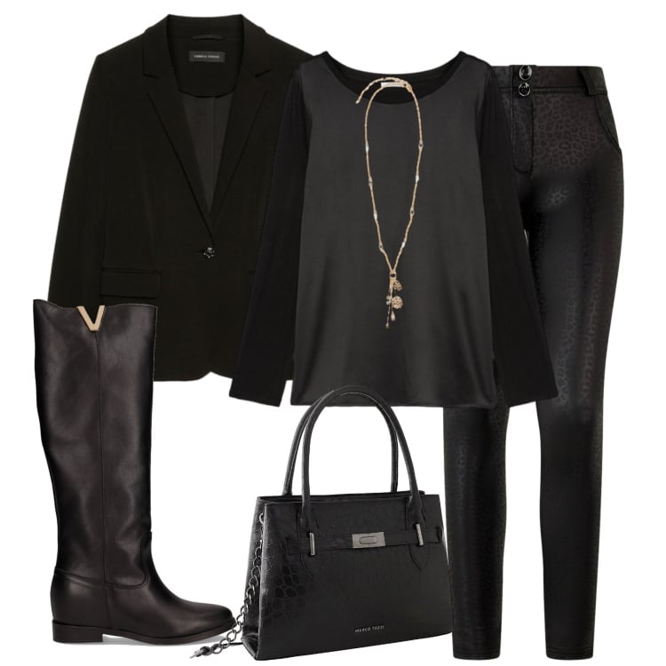 Outfit donna - Street. Stile Casual chic per Tutti i giorni. Abbinamento con borse a mano, pantaloni skinny, stivali, bluse, ciondoli, blazer.