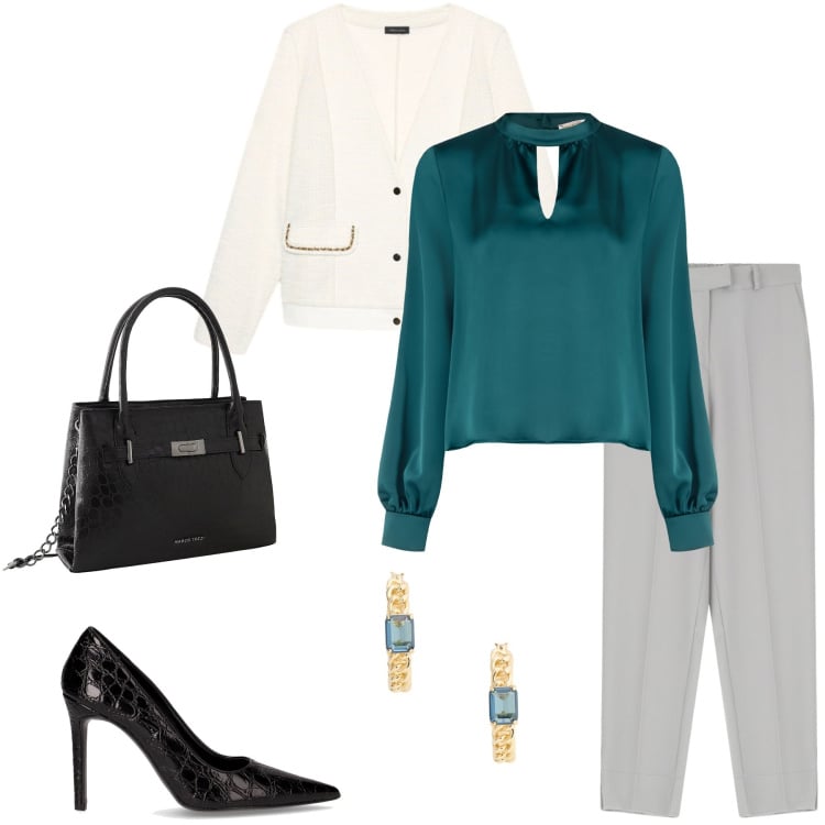 Outfit donna - La domenica. Stile Casual chic per Tutti i giorni. Abbinamento con borse a mano, bluse, pantaloni, orecchini, décolleté, blazer.