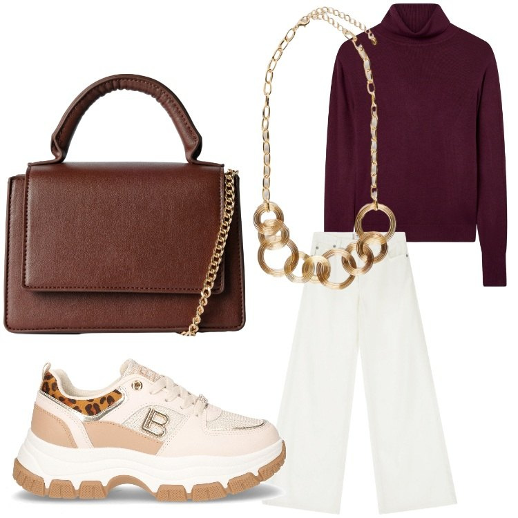 Outfit donna - Autunno nel cuore. Stile Sporty chic per Tutti i giorni. Abbinamento con borse a tracolla, maglieria, pantaloni, sneakers, collane.