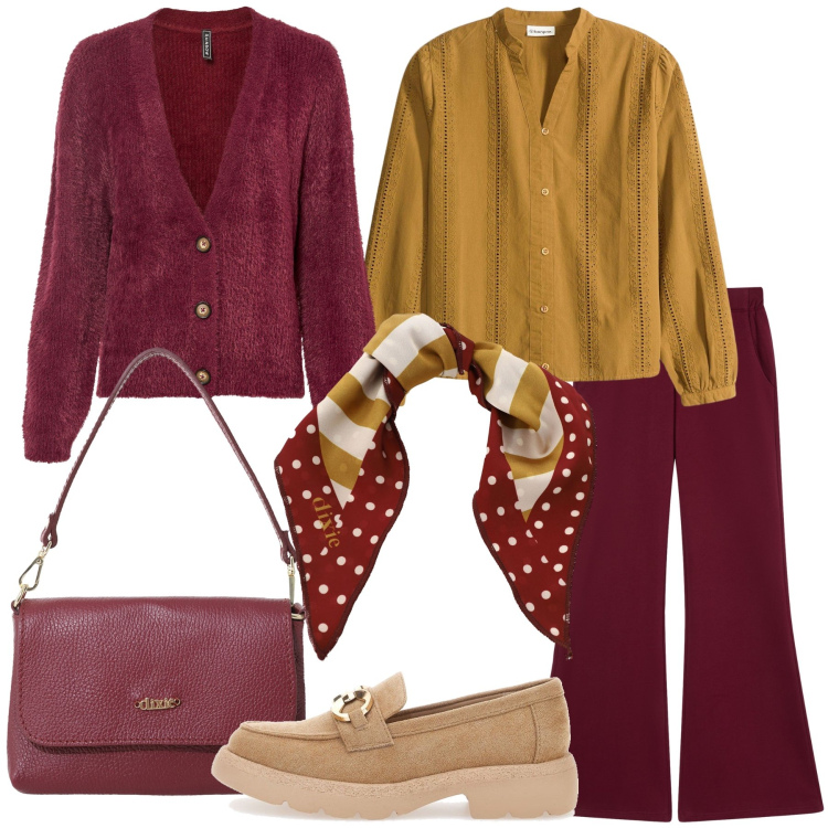 Outfit donna - Evviva l’autunno. Stile Basic per Ufficio. Abbinamento con cardigans, bluse, pantaloni, borse a tracolla, foulard, mocassini.