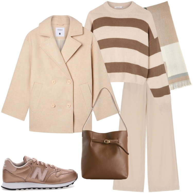 Outfit donna - Colori chiari. Stile Urban per Tutti i giorni. Abbinamento con borse a mano, maglieria, caban, pantaloni, sneakers, sciarpe.