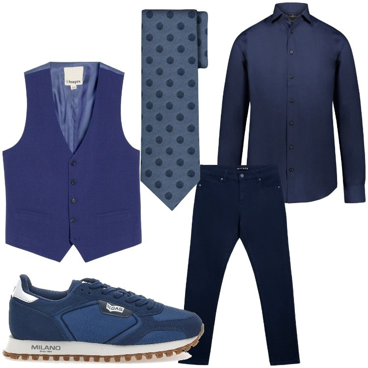 Outfit uomo - Blu di sera. Stile Business/Elegante per Serata speciale. Abbinamento con gilet, pantaloni skinny, camicie, sneakers, cravatte.