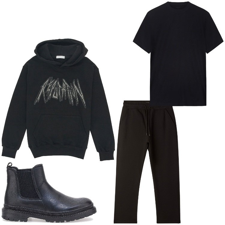 Outfit uomo - Nero rock. Stile Biker Rock per Tutti i giorni. Abbinamento con pantaloni, felpe con cappuccio, stivali e stivaletti, t-shirt.