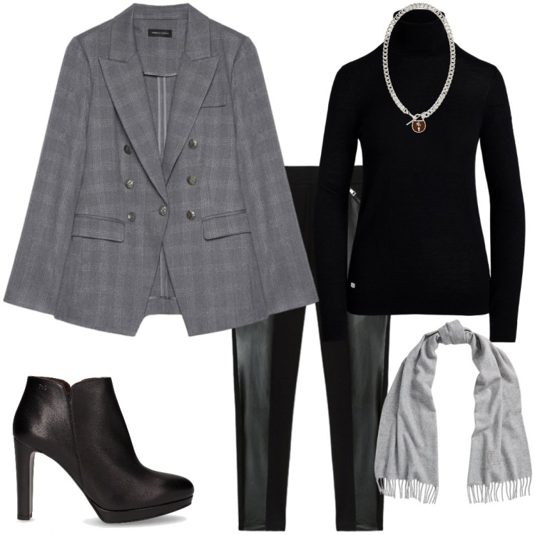 Outfit donna - Serata con amici. Stile Sporty chic per Serata fuori. Abbinamento con sciarpe, ciondoli, maglieria, blazer, stivaletti, leggings.