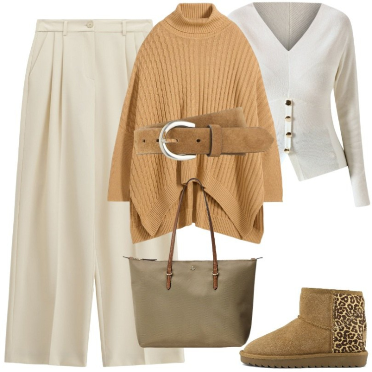Outfit donna - Outfit con mantelle. Stile Trendy per Tutti i giorni. Abbinamento con maglieria, cinture, maglieria, pantaloni a palazzo, borse tote, stivali.