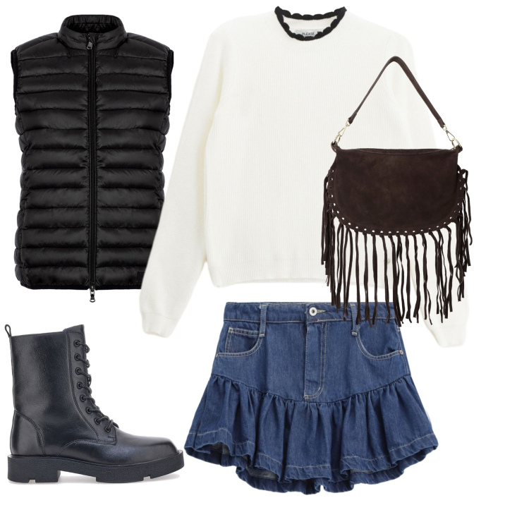 Outfit donna - Total look #2258881. Stile Casual chic per Tutti i giorni. Abbinamento con pullovers, minigonne, borse a tracolla, piumini, anfibi.