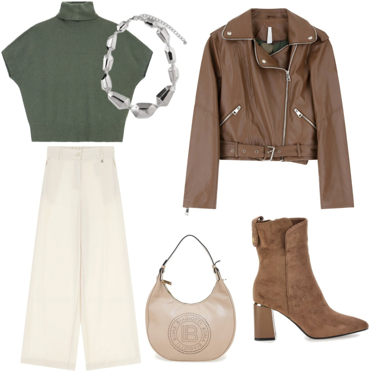 Outfit donna - Rock elegante. Stile Sporty chic per Ufficio. Abbinamento con giacche, maglieria, pantaloni a palazzo, borse a spalla, ciondoli, stivaletti.