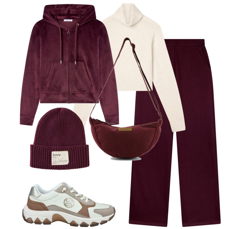 Outfit donna - Comoda e trendy. Stile Casual per Tutti i giorni. Abbinamento con berretti, pantaloni, felpe con cappuccio, maglieria, sneakers, borse a tracolla.