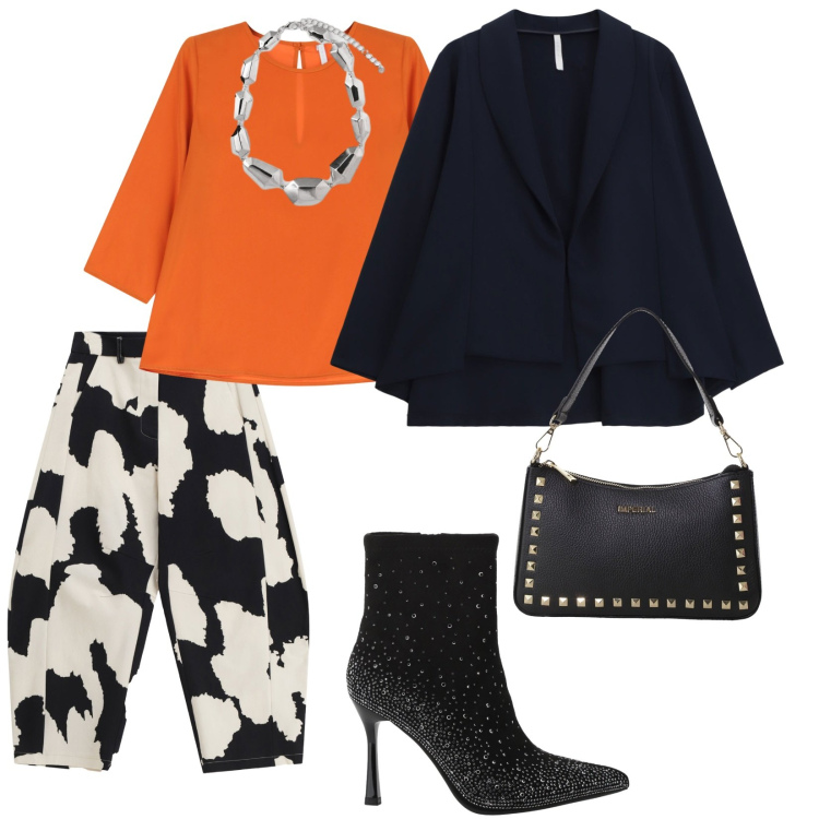 Outfit donna - Tutto Imperial. per Serata fuori. Abbinamento con pantaloni a palazzo, pochette, stivaletti, blazer, top, ciondoli.