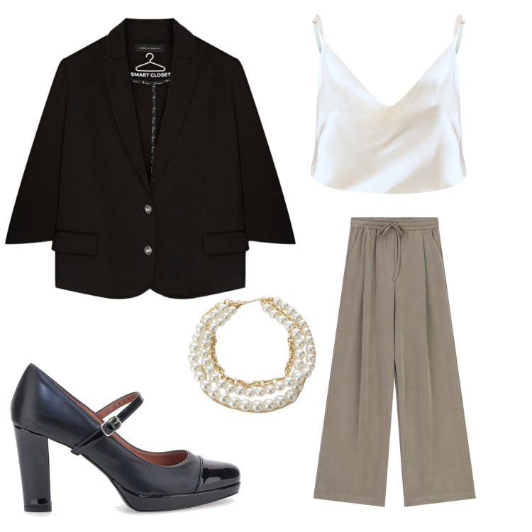 Outfit donna - Total look #2258885. Stile Chic per Tutti i giorni. Abbinamento con canottiere, pantaloni a palazzo, collane, décolleté, blazer.