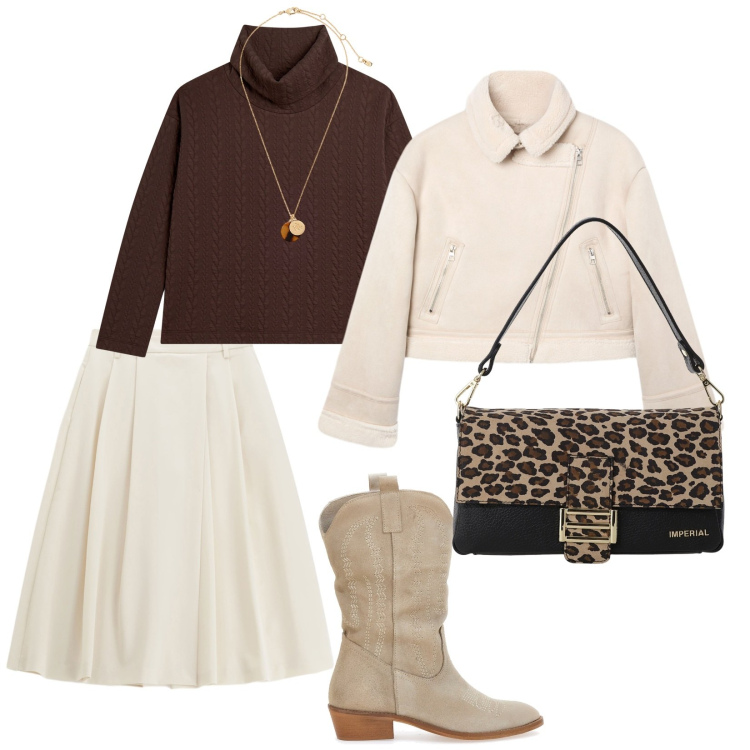 Outfit donna - La borsa maculato. per Tutti i giorni. Abbinamento con giacche, pantaloni, borse a spalla, maglieria, collane, stivaletti texani.