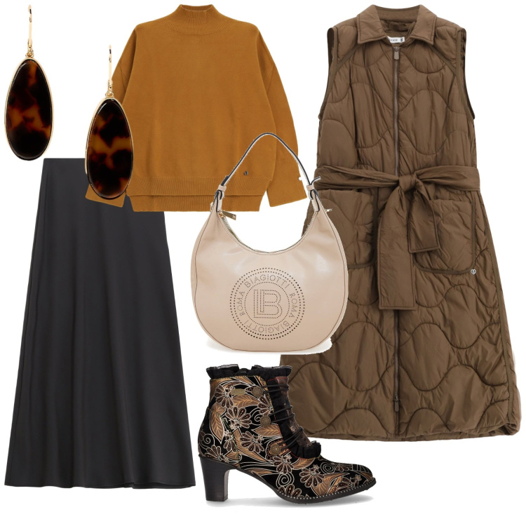 Outfit donna - Aria più fredda. per Tutti i giorni. Abbinamento con blazer, gonne lunghe, maglieria, orecchini, stivaletti, borse a spalla.