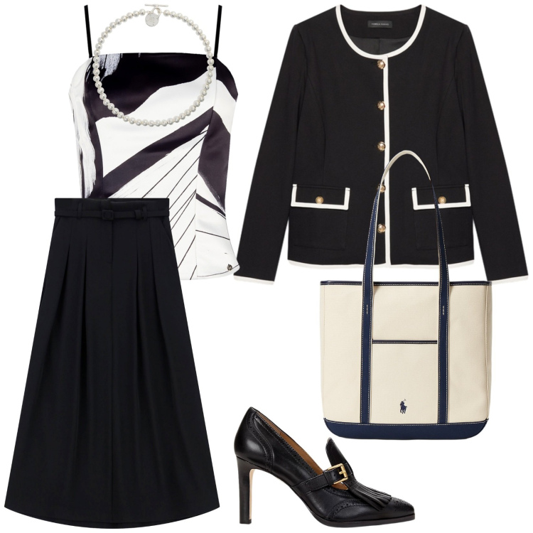 Outfit donna - In ufficio. per Ufficio. Abbinamento con canottiere, gonne lunghe, collane, décolleté, borse tote, blazer.