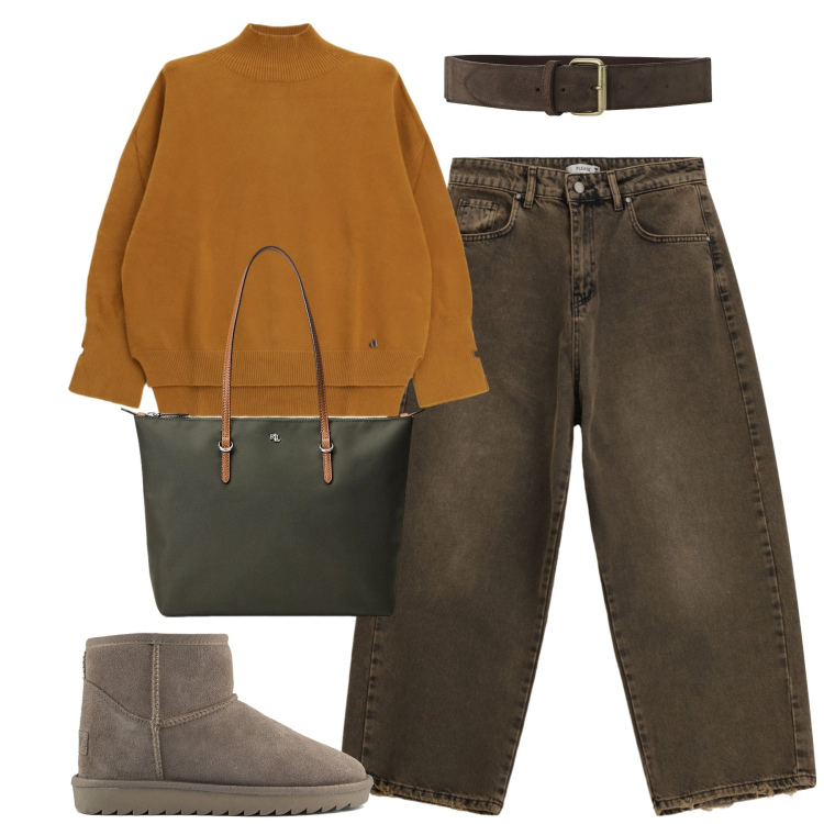 Outfit donna - Ottobre. Stile Casual per Tutti i giorni. Abbinamento con pantaloni a palazzo, maglieria, cinture, borse tote, stivali.