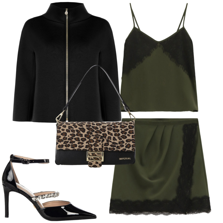 Outfit donna - Serata. Stile Glamour per Serata fuori. Abbinamento con cappe, décolleté, borse a spalla, top, minigonne.