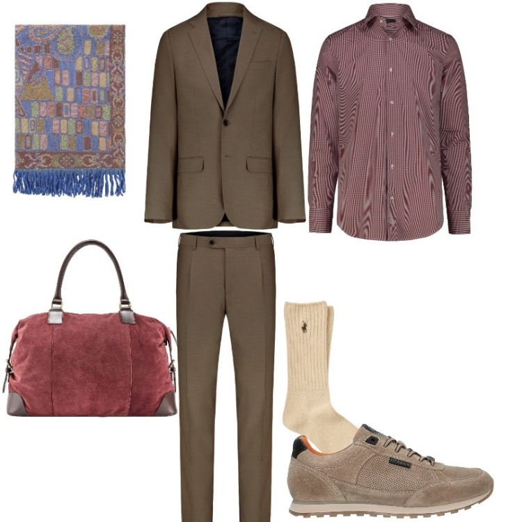 Outfit uomo - Una breve trasferta di lavoro. Stile Business/Elegante per Ufficio. Abbinamento con sciarpe, calzini, sneakers, camicie, borse sportive, abiti.