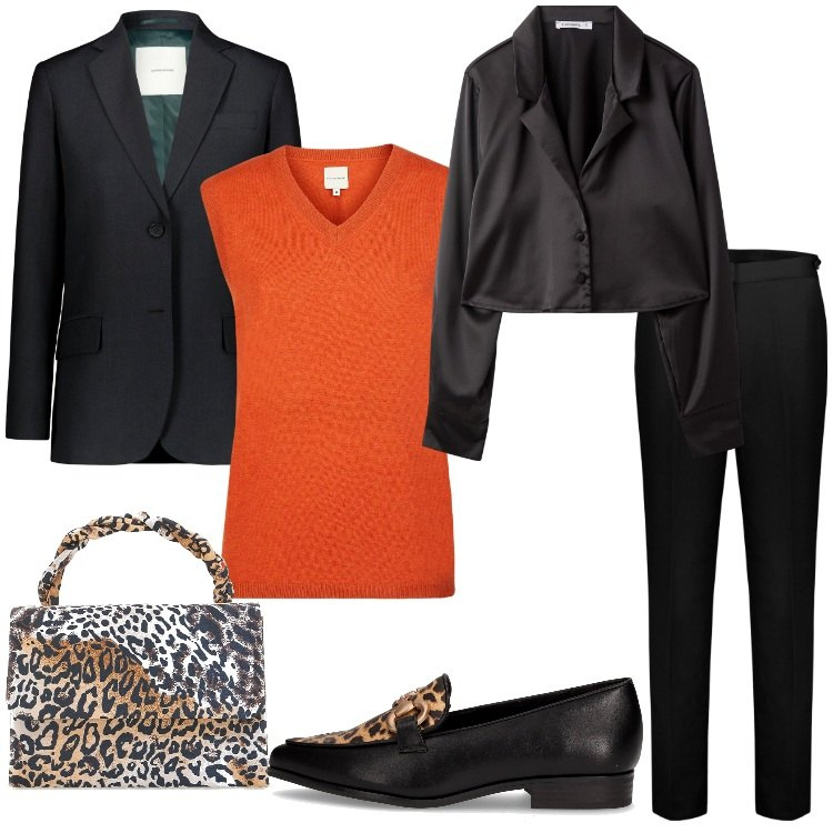 Outfit donna - Halloween non è così lontano. Stile Trendy per Tutti i giorni. Abbinamento con camicie, pantaloni chino, blazer, maglieria, mocassini, pochette.