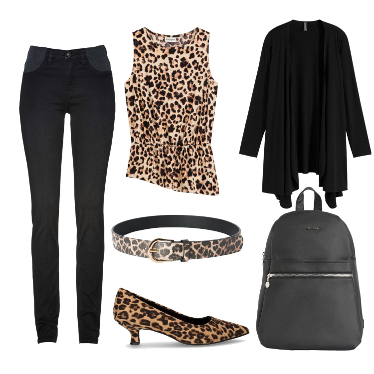 Outfit donna - Animalier 1. Stile Casual Abbinamento con top, jeans skinny, cardigans, cinture, zaini, décolleté.