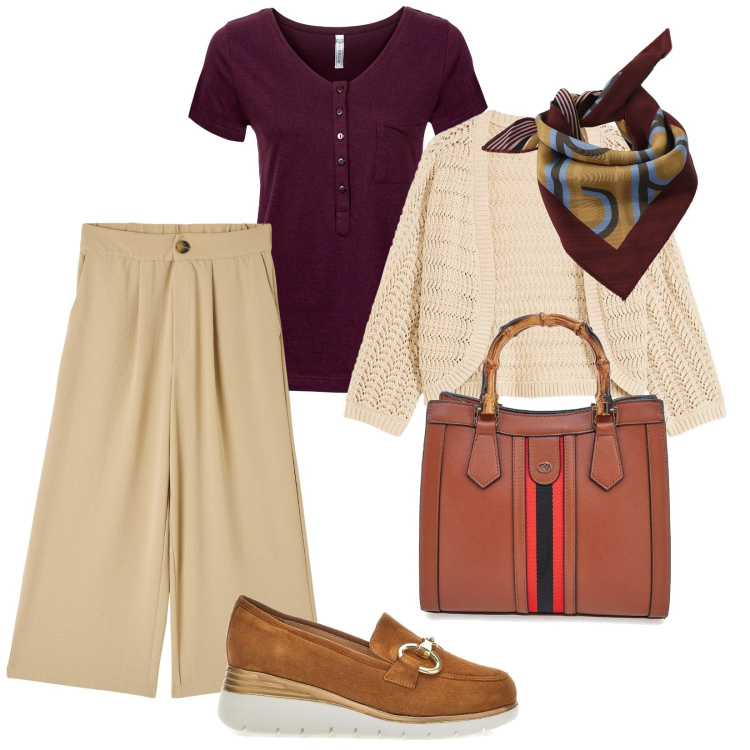 Outfit donna - Giornata di sole. per Mare. Abbinamento con t-shirt, bolero, pantaloni a palazzo, foulard, borse a tracolla, mocassini.