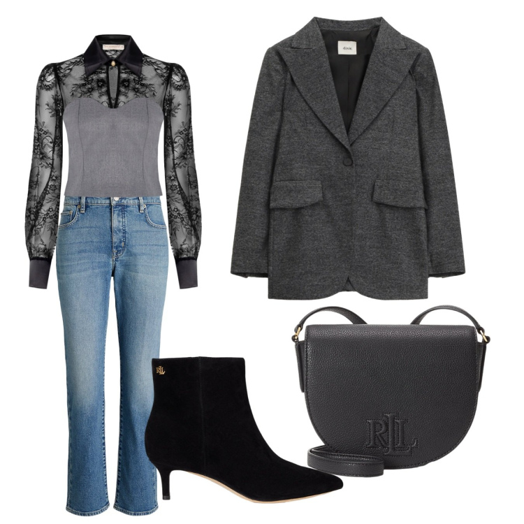 Outfit donna - Total look #2258907. Stile Trendy per Tutti i giorni. Abbinamento con bluse, blazer, stivaletti, borse a tracolla, jeans dritti.