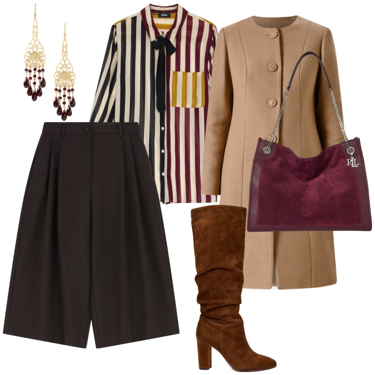 Outfit donna - Autunno. per Tutti i giorni. Abbinamento con cappotti, shorts, camicie, stivali, orecchini, borse tote.