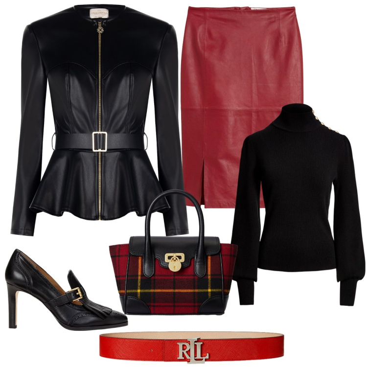 Outfit donna - Rosso. Stile Chic per Tutti i giorni. Abbinamento con gonne, giacche, maglieria, cinture, décolleté, borse a mano.
