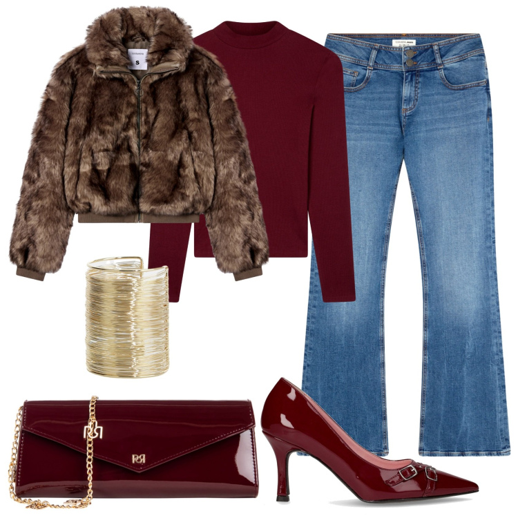 Outfit donna - Serata Autunnale. Stile Casual chic per Serata fuori. Abbinamento con jeans a zampa, t-shirt, ecopellicce, pochette, braccialetti, décolleté.