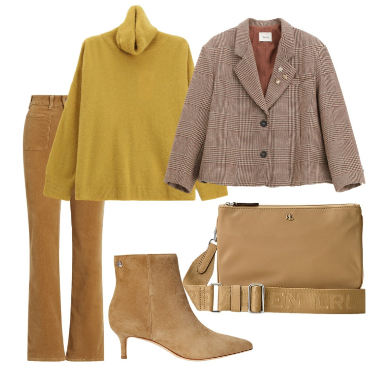 Outfit donna - Comodamente in città. Stile Trendy per Tutti i giorni. Abbinamento con blazer, maglieria, borse a tracolla, stivaletti, pantaloni.