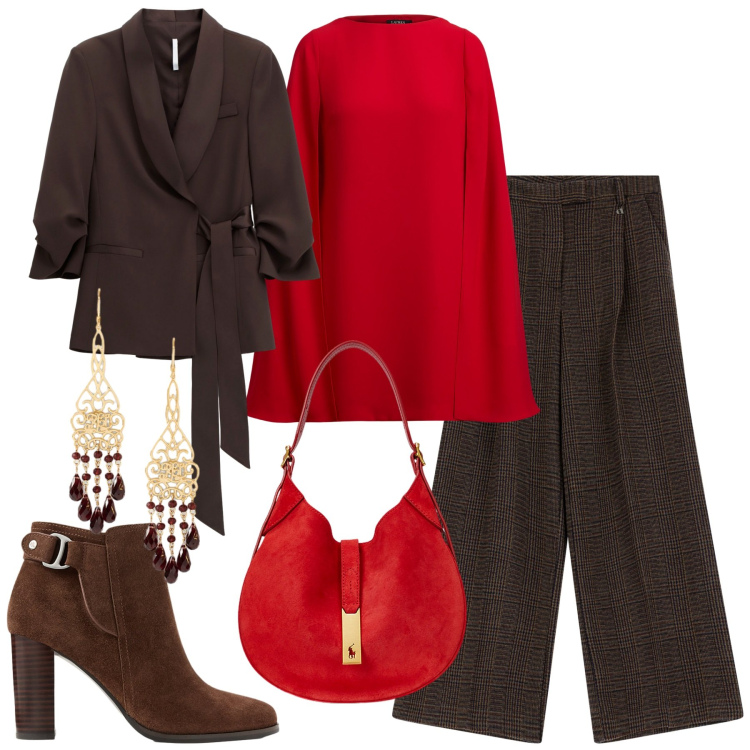 Outfit donna - Rosso e marrone. Stile Bon Ton per Ufficio. Abbinamento con blazer, pantaloni a palazzo, orecchini, borse a spalla, stivaletti, vestiti corti.