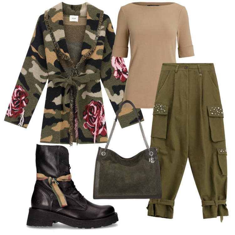 Outfit donna - Total look #2258919. Stile Urban per Tutti i giorni. Abbinamento con cardigans, pantaloni cargo, t-shirt, borse tote, anfibi.