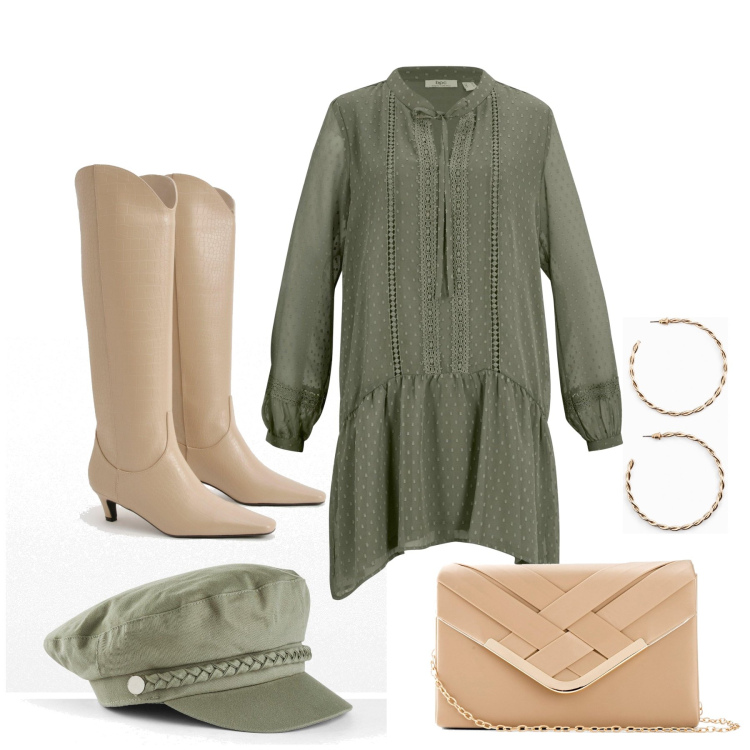 Outfit femme - Octobre. Style Casual chic pour Tous les jours. Assortir avec pochette, boucles d'oreilles, chapeaux, robes, bottes.