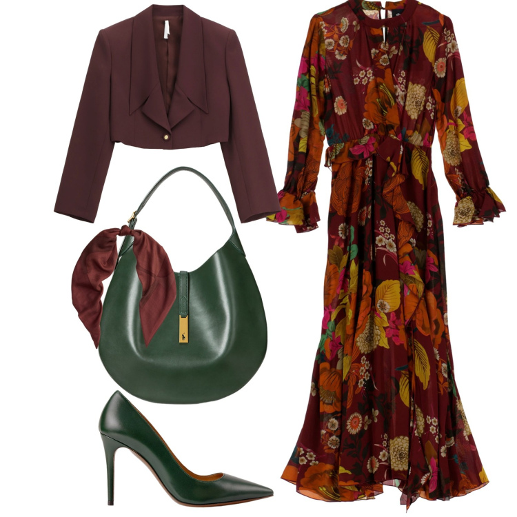 Outfit donna - Cerimonia in autunno. Stile Bon Ton per Cerimonia. Abbinamento con blazer, vestiti lunghi, borse a spalla, décolleté, sciarpe.