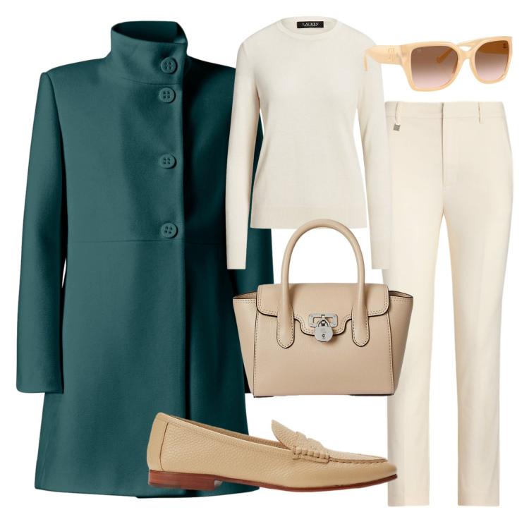 Outfit donna - Cappotto color ottanio!. Stile Casual chic per Ufficio. Abbinamento con cappotti, occhiali da sole, mocassini, maglieria, borse a mano, pantaloni.