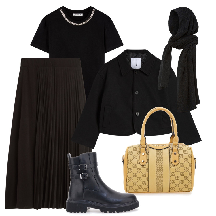 Outfit donna - Urban black & twist senape. Stile Trendy per Tutti i giorni. Abbinamento con sciarpe, gonne lunghe, t-shirt, blazer, stivaletti, borse a spalla.