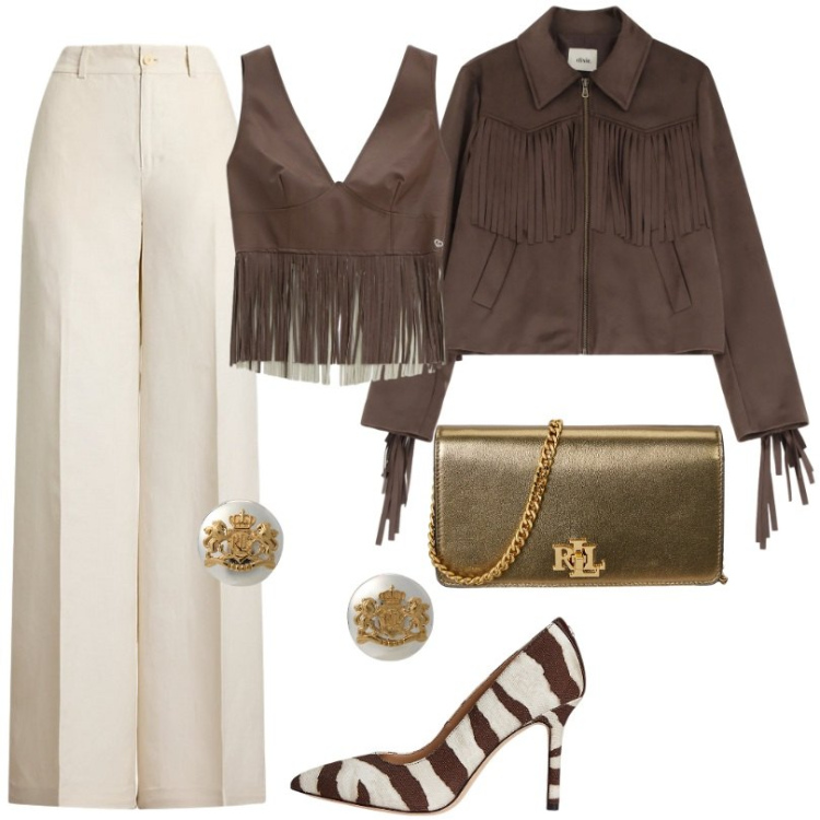 Outfit donna - Décolleté per un tocco roar al tuo look. Stile Trendy per Tutti i giorni. Abbinamento con top, blazer, orecchini, décolleté, pantaloni, borse a mano.