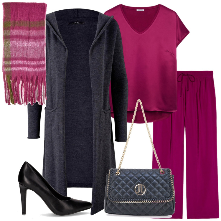 Outfit donna - Total look #2258953. Stile Casual chic per Serata fuori. Abbinamento con cardigans, pantaloni, bluse, sciarpe, borse a tracolla, décolleté.