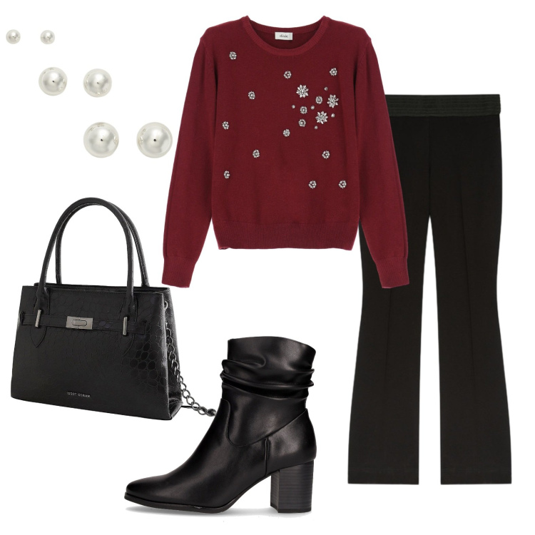Outfit donna - Il pullover rosso protagonista. Stile Urban per Tutti i giorni. Abbinamento con borse a mano, maglieria, orecchini, pantaloni, stivaletti.