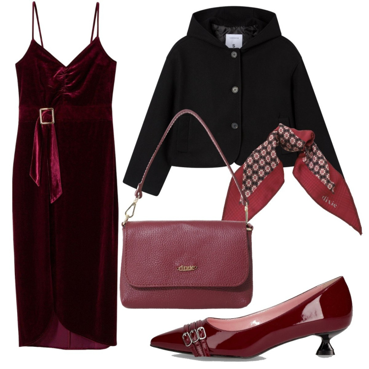 Outfit donna - Serata romantica. Stile Chic per Serata fuori. Abbinamento con vestiti midi/longuette, caban, borse a tracolla, foulard, décolleté.