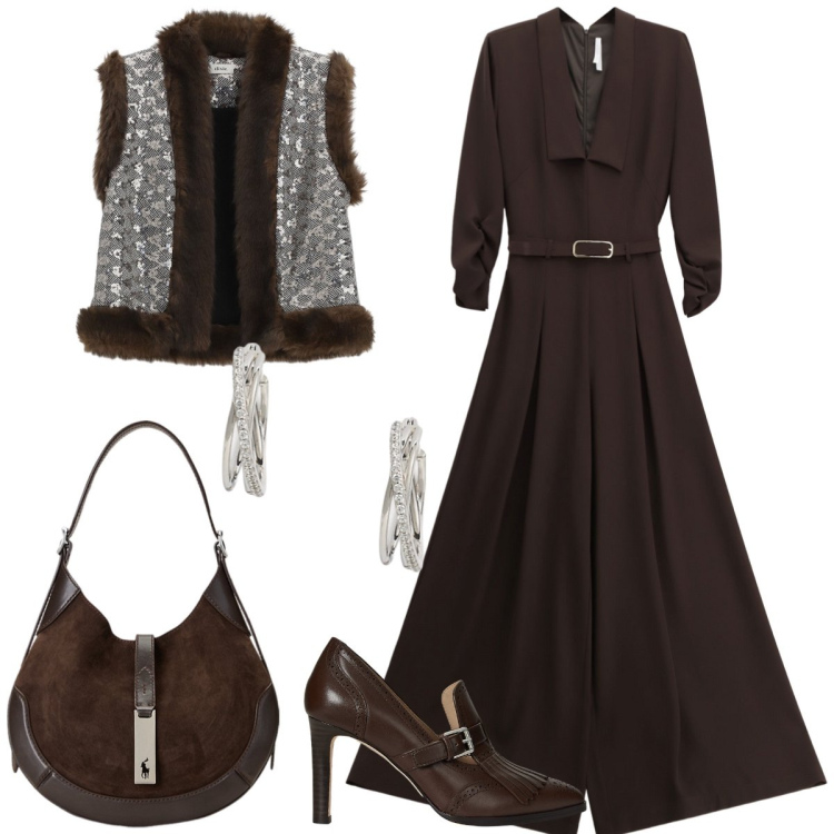 Outfit donna - Autunno in tuta. Stile Chic per Tutti i giorni. Abbinamento con tute, gilet, borse a spalla, orecchini, décolleté.